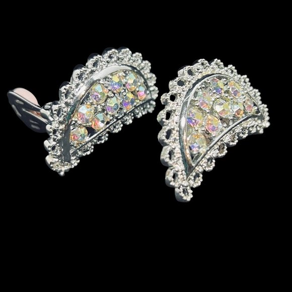 Emmons Silver Tone And Aurora Borealis Rhinestone Clip On Earrings (4628) - Picture 4 of 4